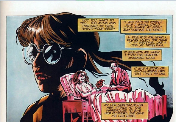 Marisha's face is in the background as she tells Deathwish her origin, wearing lipstick and round glasses, her long hair in a ponytail. In the foreground she's sitting at Dini's hospital bed handing her flowers, in her male phase, beared, short haired, wearing a suit and tie with square glasses. Captions tell how awful she felt having to pretend to be a man and how meeting Dini cracked her egg.